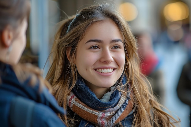 Cheerful Portrait of female student talking with university friends