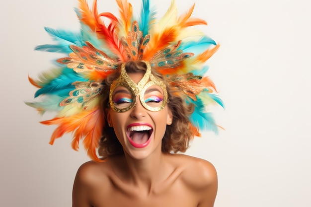 cheerful portrait of a person posing with a carnival mask radiating excitement and joy