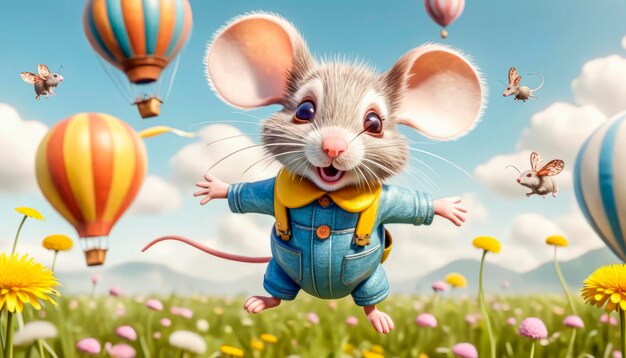 A cheerful positive cute mouse a dreamer wants to fly in a hot air balloon