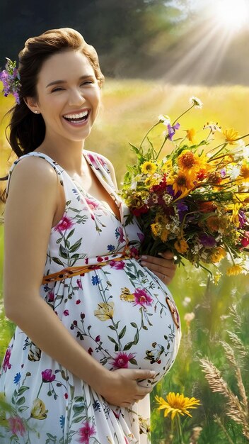 Photo cheerful pregnant woman holding flowers