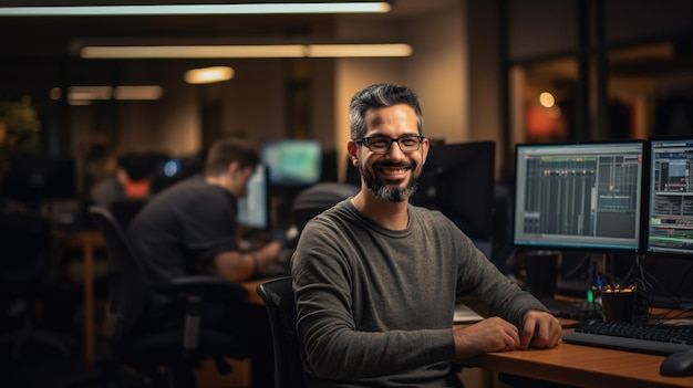 안경을 쓴 즐거운 프로그래머 남자가 사무실에서 컴퓨터로 일하고 있습니다.