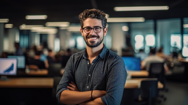 Cheerful programmer man wearing eyeglasses working with computers in office