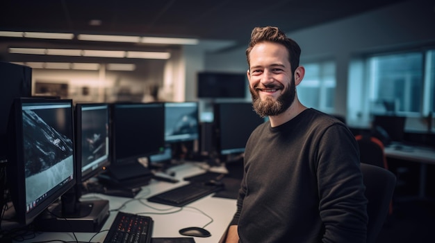 Cheerful programmer man working with computers in office