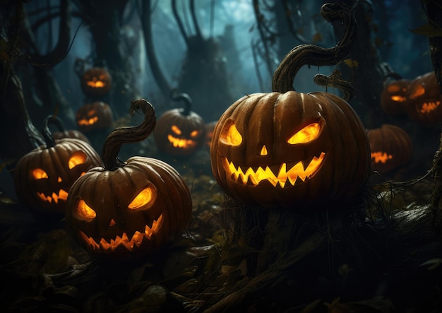 Cheerful pumpkins lighting up a spooky forest