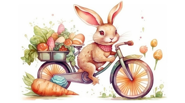 Cheerful Rabbit Celebrating Easter on a Bicycle with an Egg