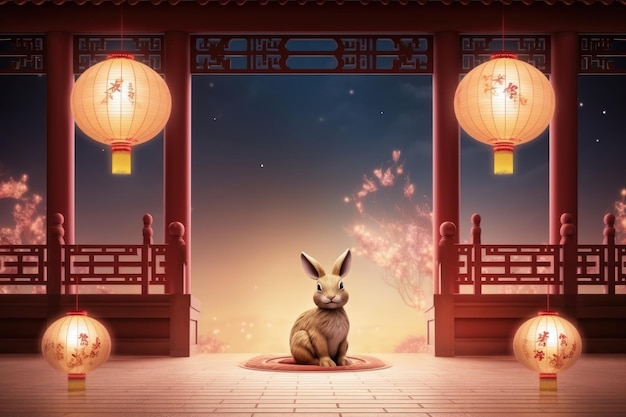 Cheerful Rabbit Celebrating Mid Autumn Happy Mid Autumn Festival Background Generative Ai