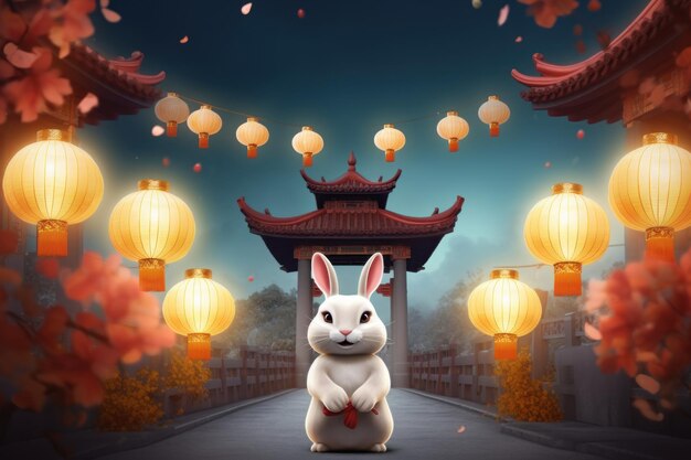 Cheerful Rabbit Celebrating Mid Autumn Happy Mid Autumn Festival Background Generative Ai