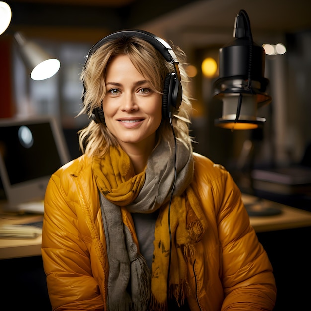 Photo cheerful radio host in bright yellow jacket