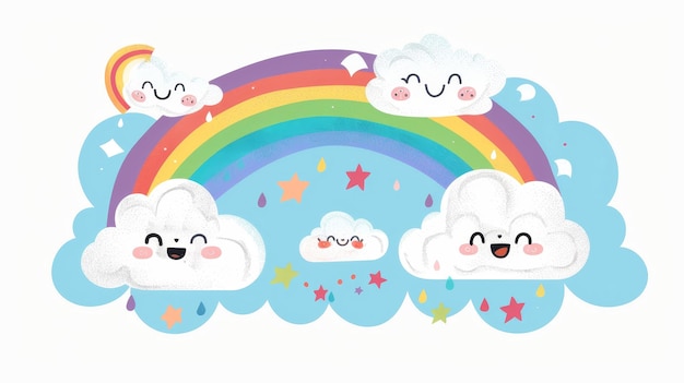 Cheerful rainbow with cloud characters AI generated illustration