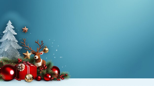 Веселый северный олень и праздничные рождественские украшения на ярком синем фоне Генеративный ИИ
