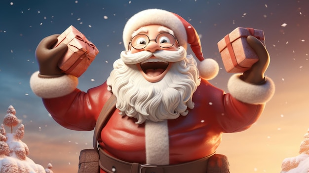 A cheerful Santa Claus holding a sack of presents and waving with a rosy smile on his face