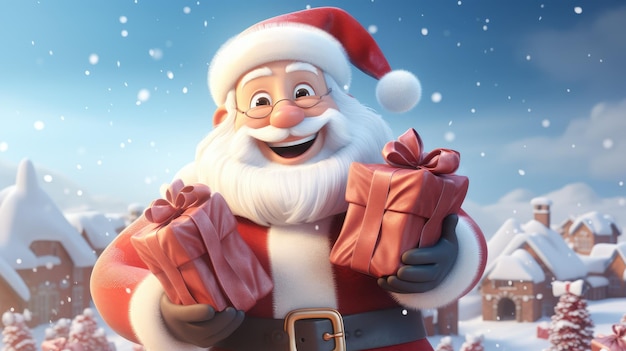 A cheerful Santa Claus holding a sack of presents and waving with a rosy smile on his face