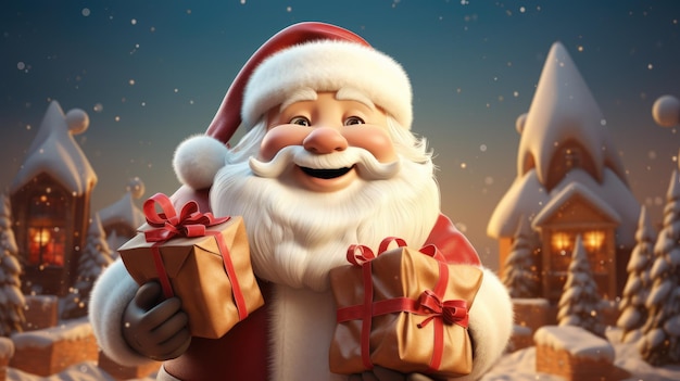 A cheerful Santa Claus holding a sack of presents and waving with a rosy smile on his face