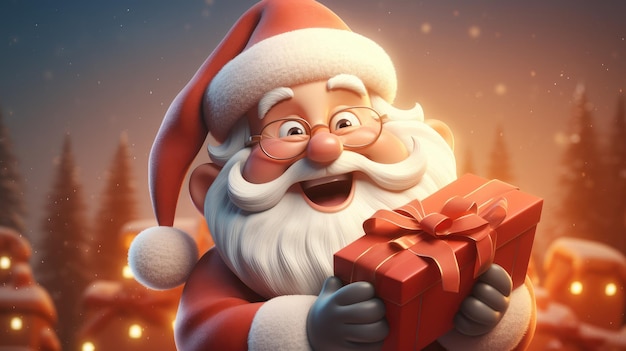 A cheerful Santa Claus holding a sack of presents and waving with a rosy smile on his face