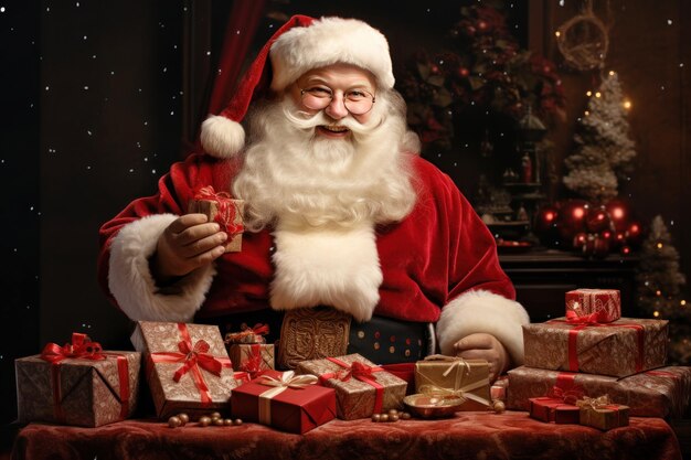 Веселый Санта-Клаус с подарочными коробками на рождественском фоне