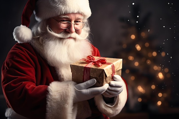 Cheerful Santa Claus with a Gift in Hand Poses in Front of a Festi