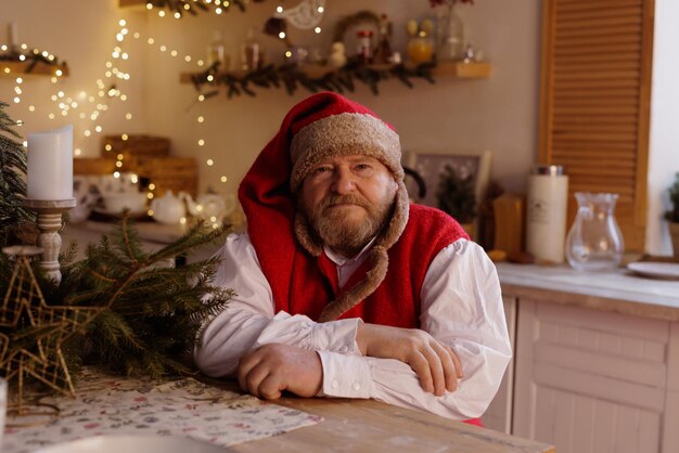 Cheerful santa sits in the house at the table christmas concept