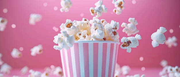 A cheerful scene featuring popcorn overflowing from a classic striped cup