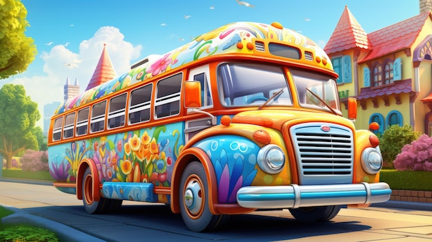 веселый школьный автобус, украшенный яркими узорами