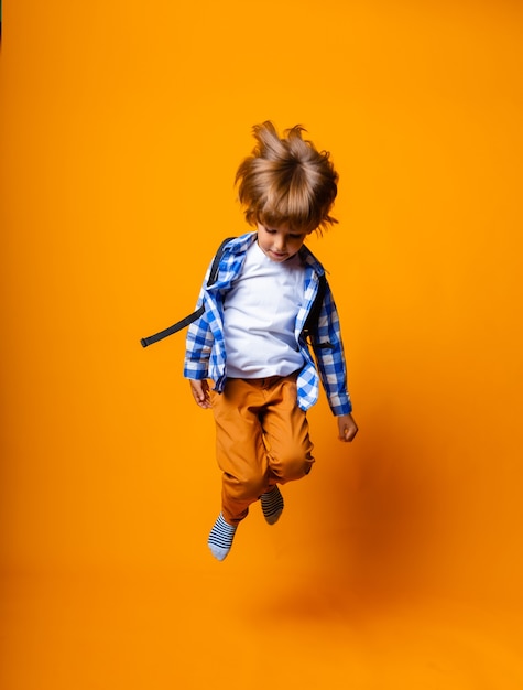 Cheerful schoolboy in a backpack jumping on a yellow background. Dynamic images. Back to school.