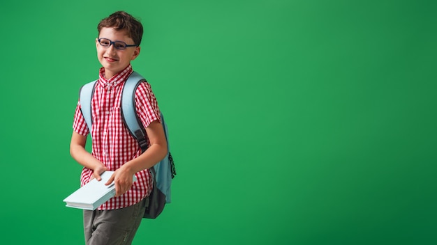 Cheerful schoolboy with glasses holding book and backpack