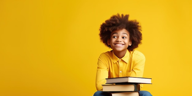 Cheerful schoolgirl sit behind a stack of books on a yellow background