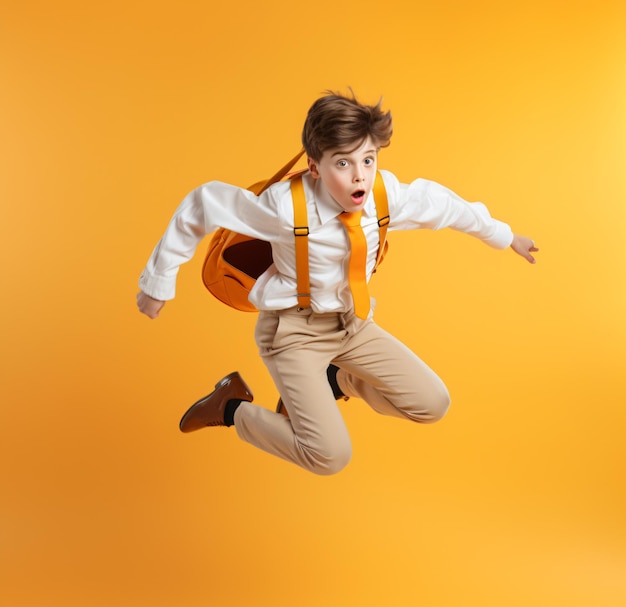 Cheerful schoolkid student with a backpack jumping in the air on a yellow background