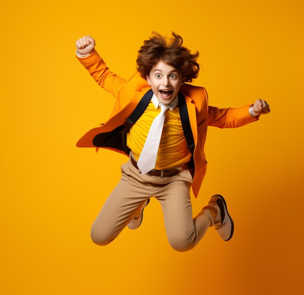 Веселый школьник с рюкзаком прыгает в воздухе на желтом фоне
