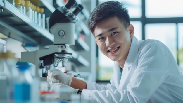 Cheerful scientist with a microscope in a bright modern laboratory