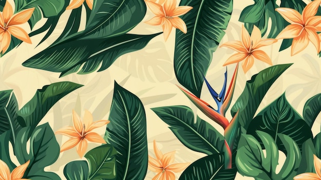A cheerful seamless pattern wallpaper featuring tropical dark green leaves and flowers of the bird of paradise strelitzia plumeria on a light yellow backdrop