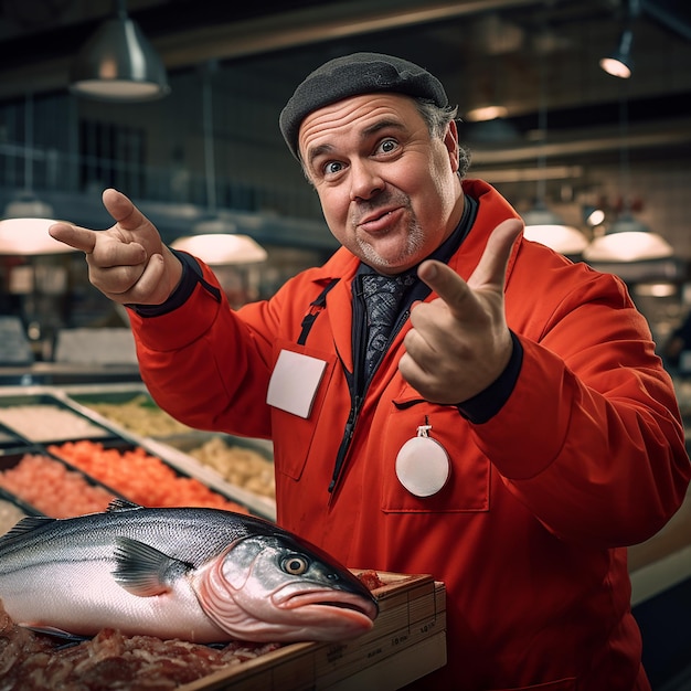 Photo cheerful seller holds big fish in market market shopping concept copy space design advertising