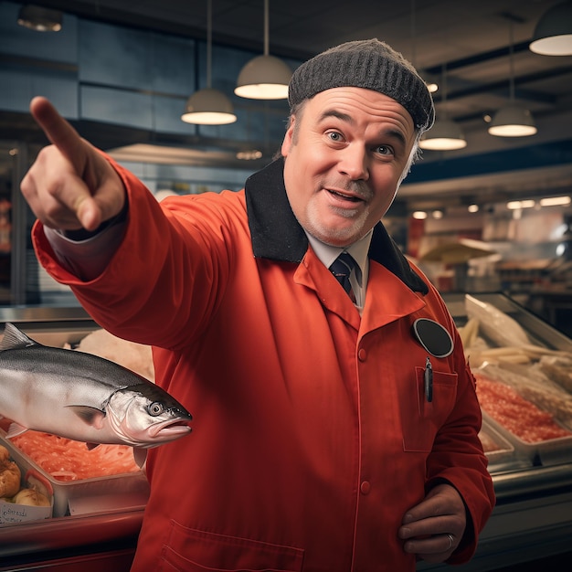 Cheerful seller holds big fish in market Market shopping concept copy space design advertising