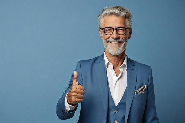 Cheerful senior businessman showing thumbs up gesture while standing against blue background