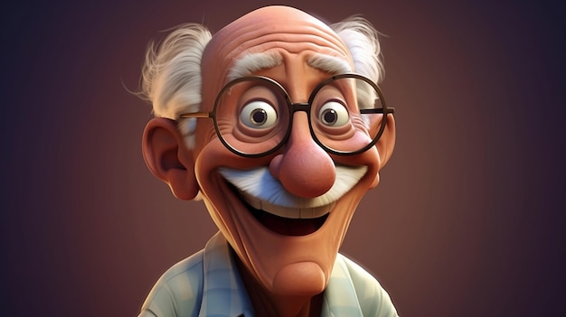 Веселый старший мультипликационный персонаж позирует перед камерой пожилой мультипликационный персонаж улыбается в камеру