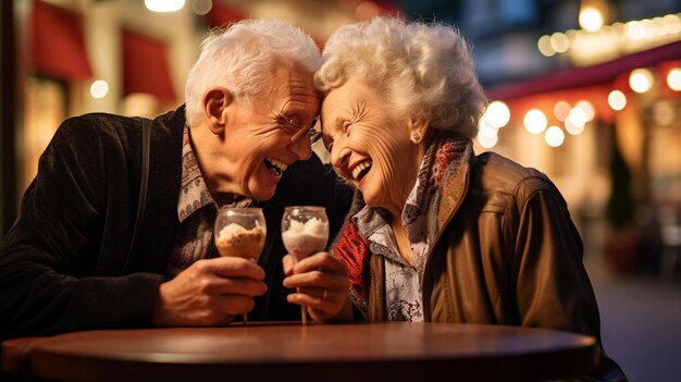 Photo cheerful senior couple enjoying time together at night in city