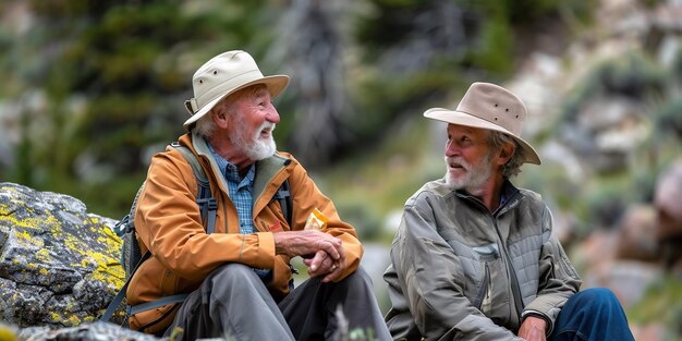 Foto una allegra coppia di amici anziani in escursione in montagna che ridono mentre si siedono a riposare godendo di uno stile di vita sano in natura