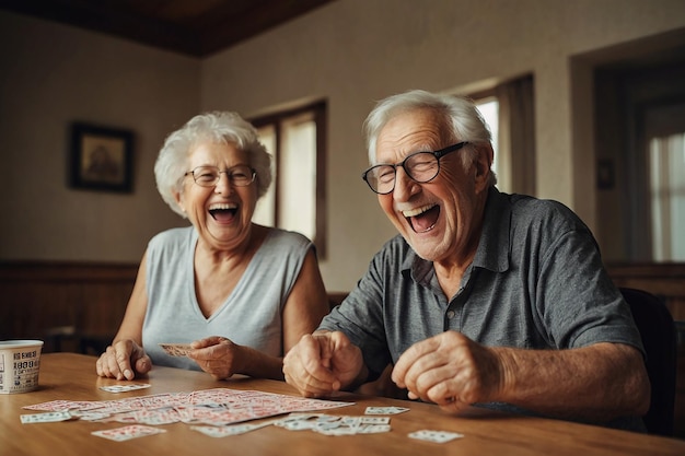 Photo cheerful senior couple playing cards in the living room at home