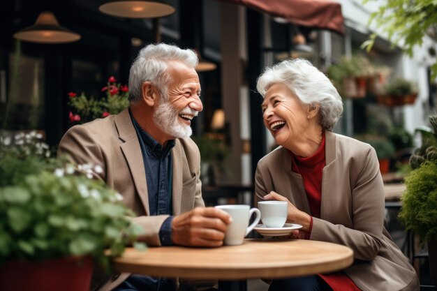 Cheerful senior couple serve coffee Romance home Generate Ai