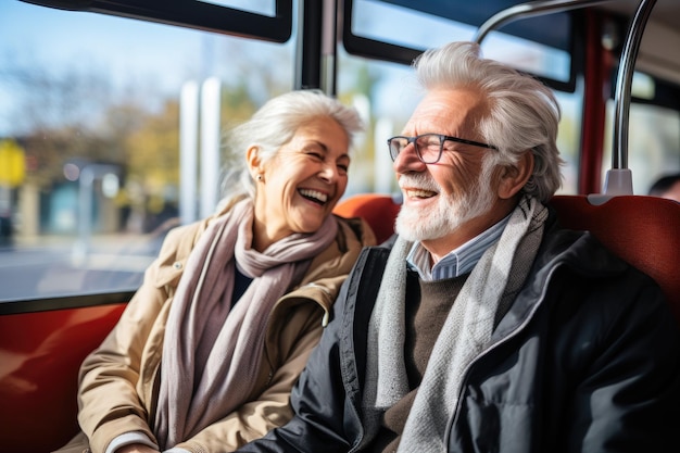 Cheerful senior couple sitting on bus seats