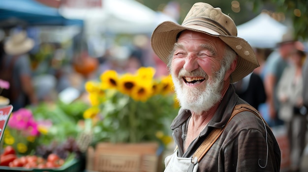 Foto un allegro agricoltore anziano che indossa un cappello e delle bretelle in un mercato agricolo che ride di cuore mentre è circondato da fiori e prodotti colorati