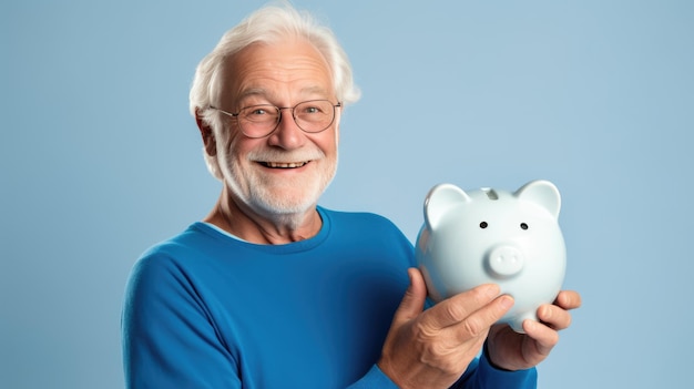 Фото Веселый пожилой мужчина с коробочкой, символизирующей сбережения и финансовую безопасность на пенсии