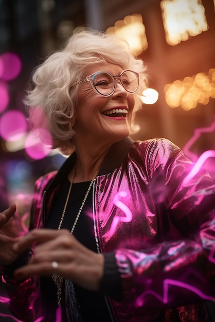 Cheerful senior woman holding a birthday cake and smiling at the camera