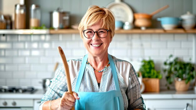 Cheerful senior woman with glasses in a home kitchen holding a wooden spoon Lifestyle portrait of joyful cook Homemade cuisine concept AI