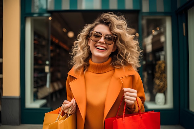 Cheerful Shopper Holding Orange Shopping Bag