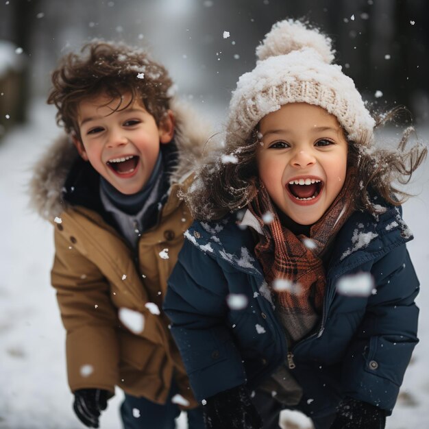 Cheerful siblings having fun in the snow