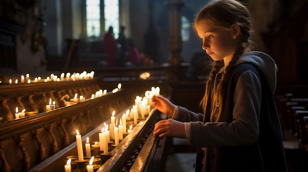 Cheerful small girl indoors at home holding candle christmas