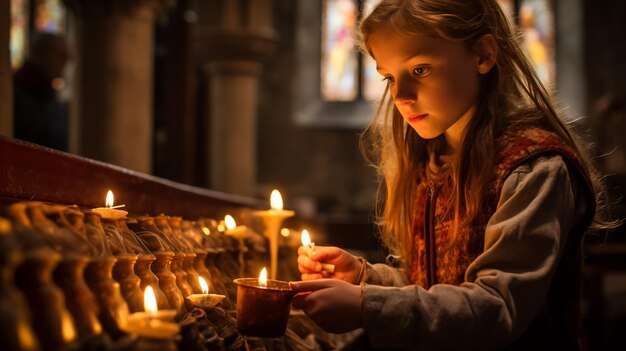 Cheerful small girl indoors at home holding candle christmas