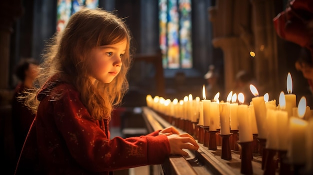 Cheerful small girl indoors at home holding candle christmas