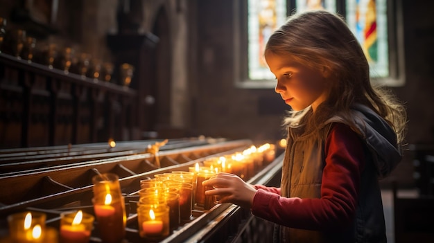 Cheerful small girl indoors at home holding candle christmas