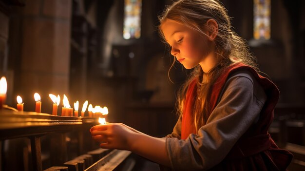 Cheerful small girl indoors at home holding candle christmas